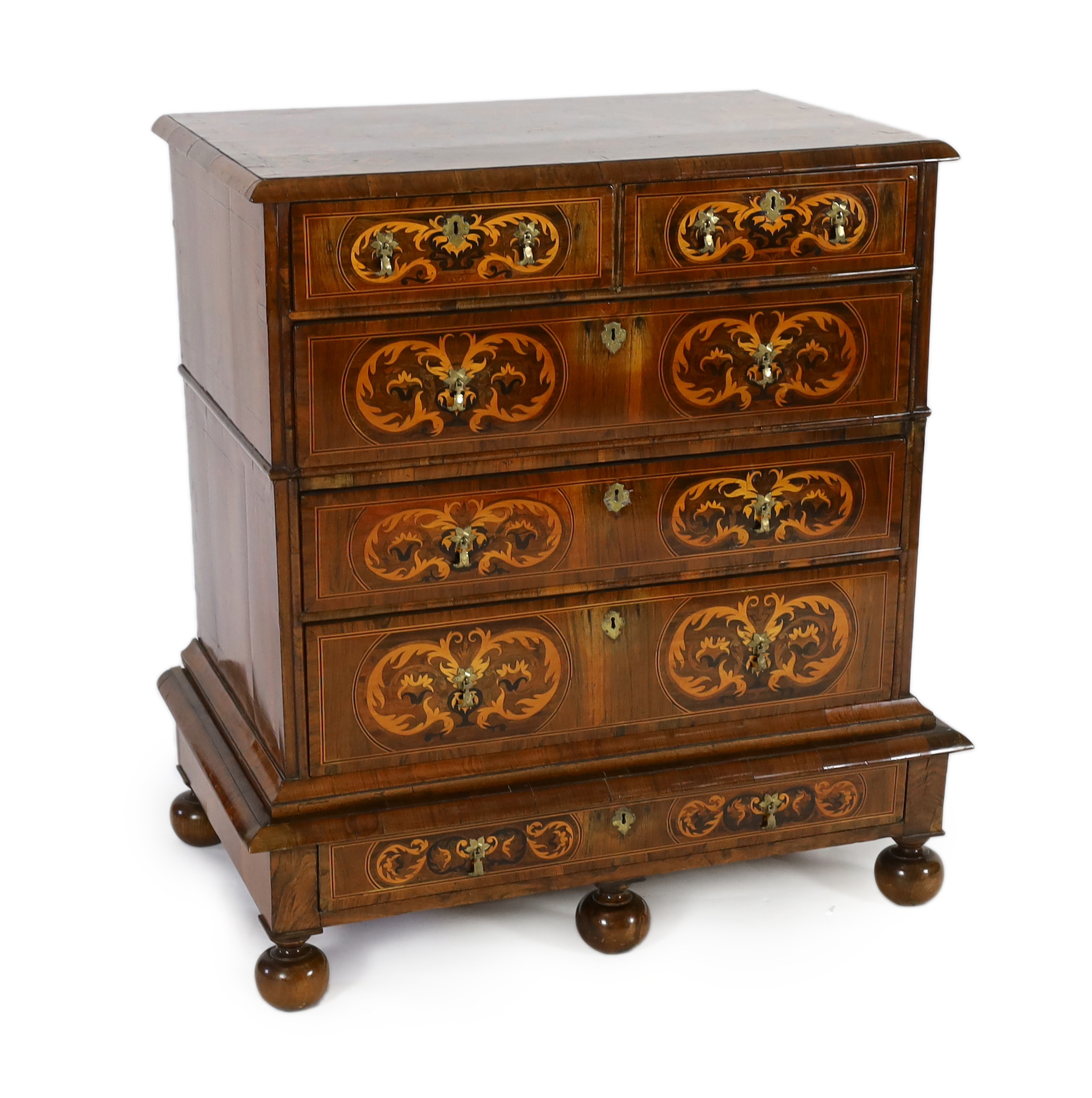 A William III and later walnut and marquetry chest on stand, width 108cm, depth 65cm, height 113cm